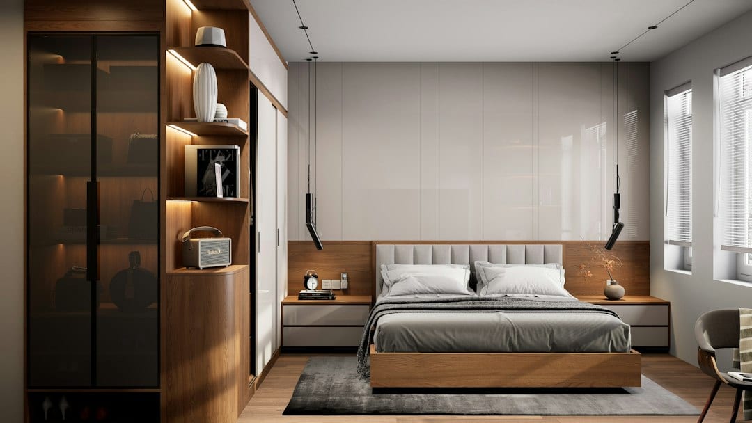 Modern bedroom with wooden accents and soft lighting