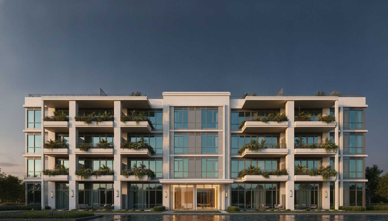 Modern condominium exterior at golden hour with warm facade accents