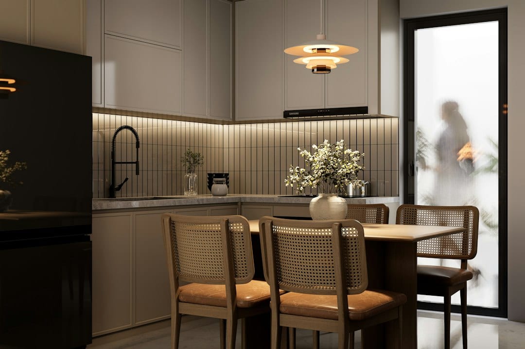 Modern kitchen with dining table and chairs